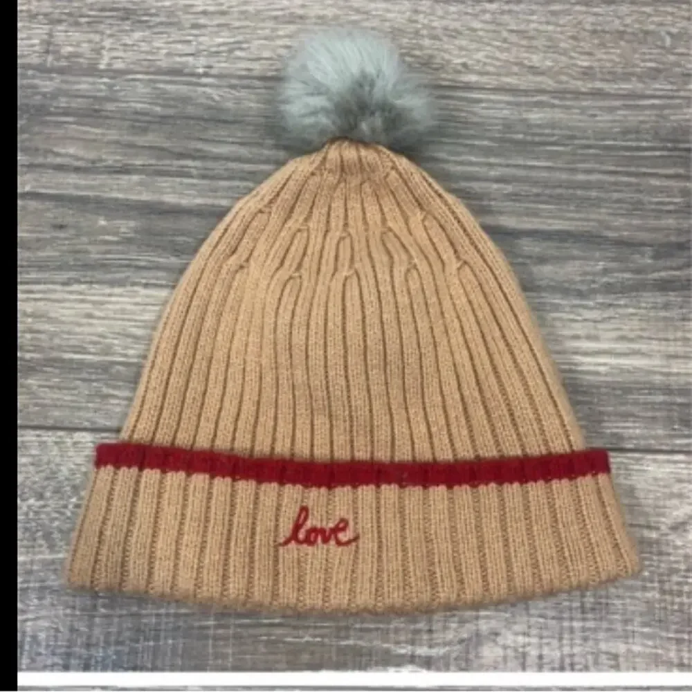 NWOT banana republic tan Pom Pom beanie with love script